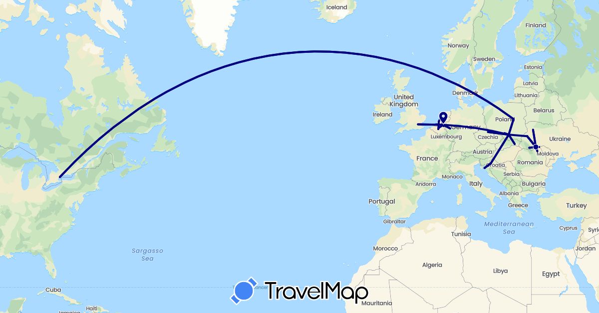 TravelMap itinerary: driving in Belgium, Canada, Czech Republic, Germany, United Kingdom, Croatia, Moldova, Netherlands, Poland, Romania, Slovakia, Ukraine (Europe, North America)